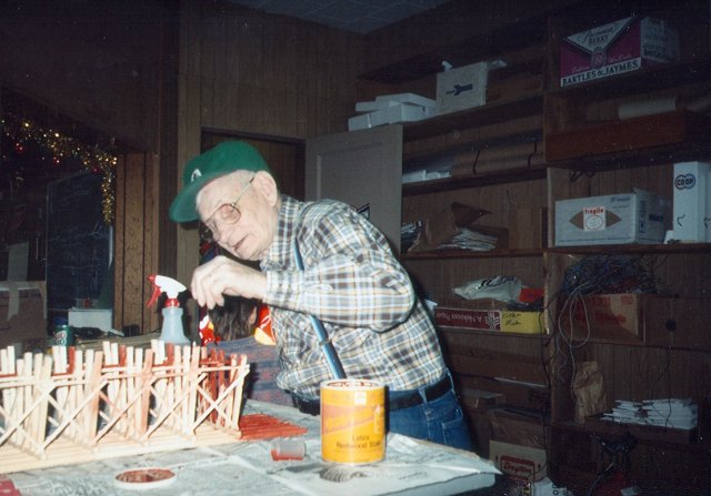 0008.jpg - Elmer Splinter working on a trestle for the American Flyer layout.